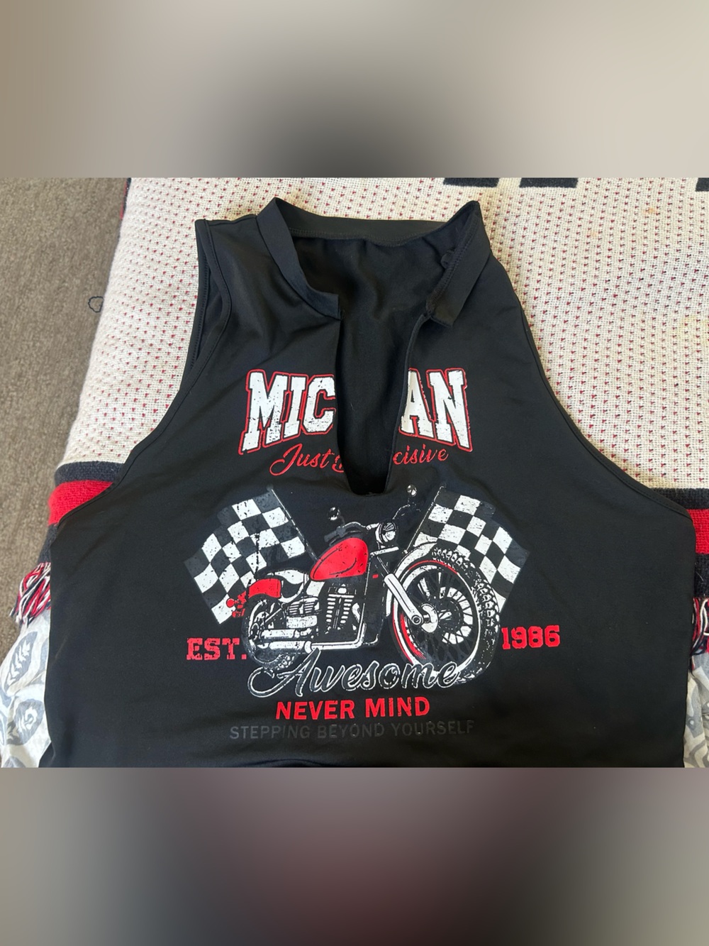 SHEIN Black Red Graphic Motorcycle Cutout Crop Top